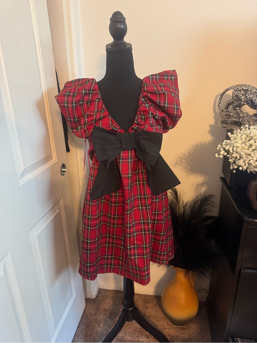 Red Plaid Puff-Sleeve Dress with Black Bow